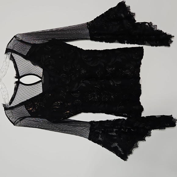 Black Lace And Mesh Blouse With Bell Sleeves Y2K Witchy‎ Festival Size Medium - Picture 2 of 16